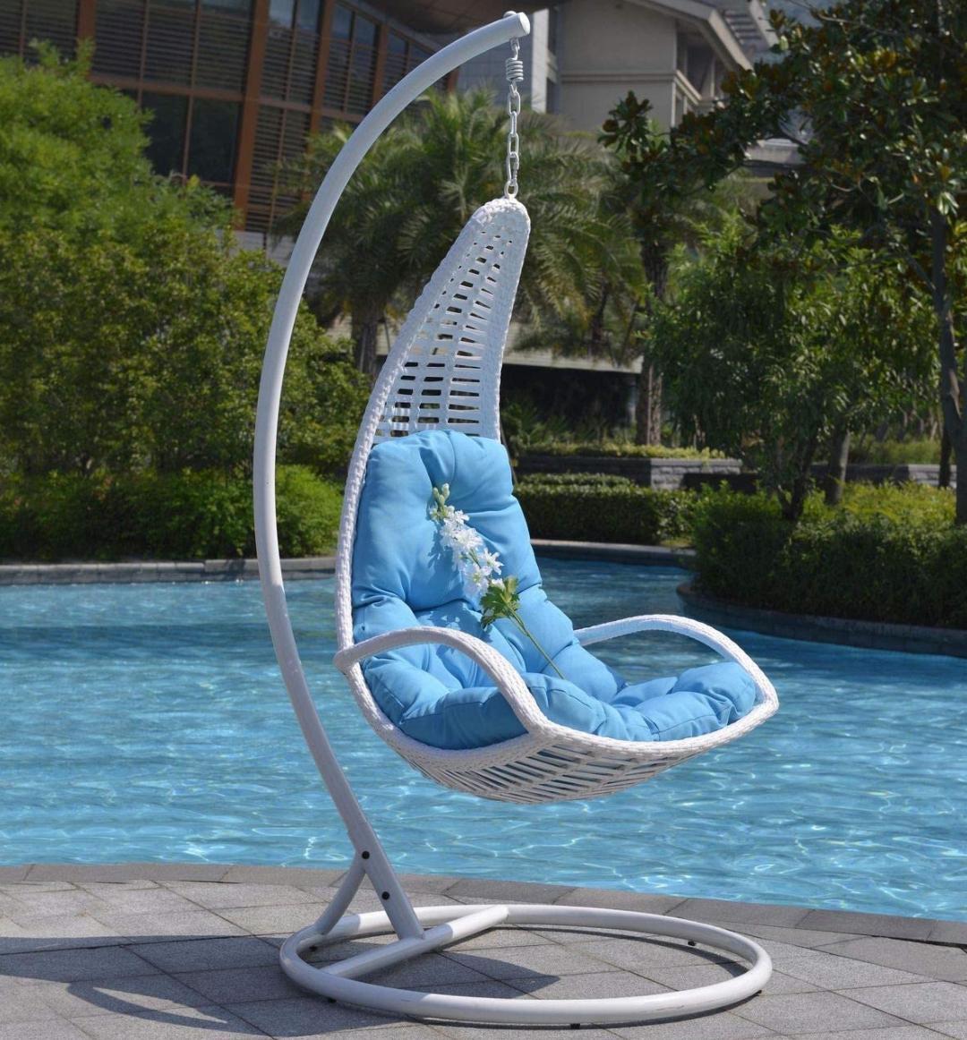 Hanging Swing Chair - Iron Frame, 30 Kilograms, White/sky Blue | All Weather Support, Indoor & Outdoor Usage, Luxury Comfort With Synthetic Rattan