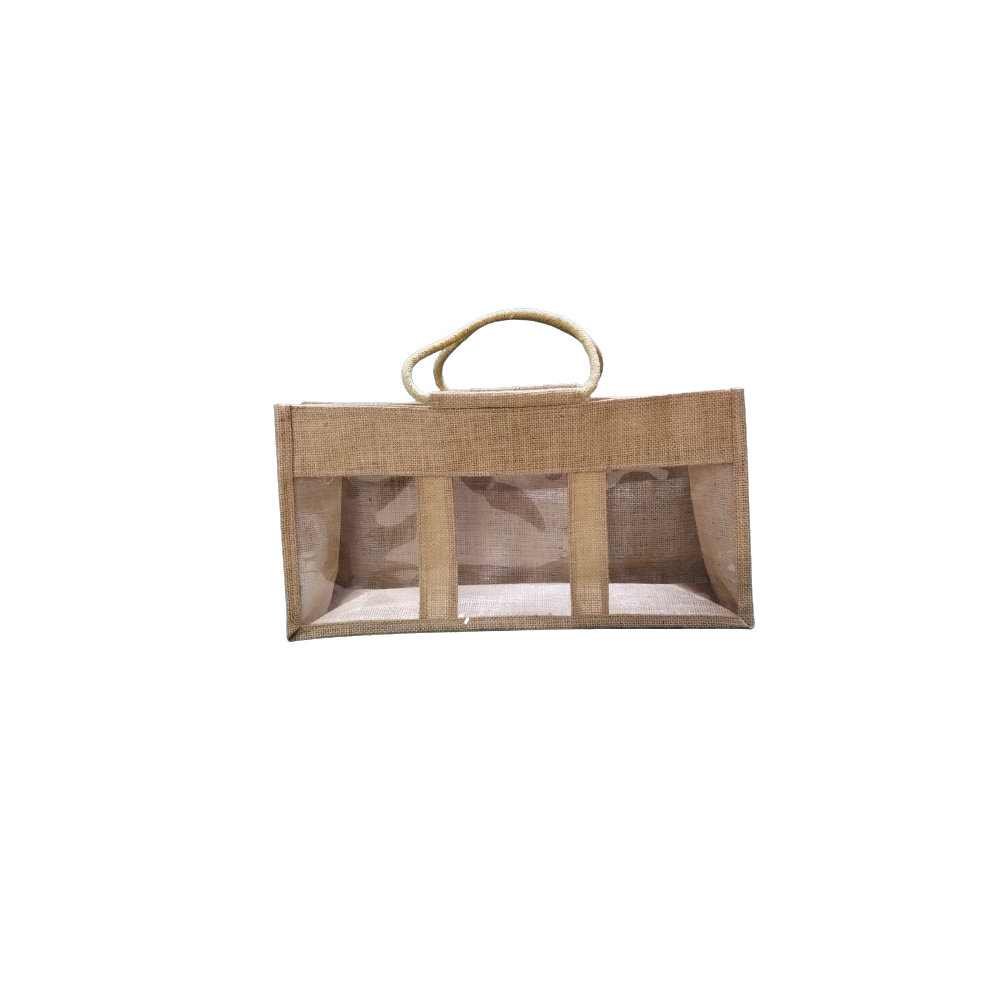 Jute Window Bag - 11x5x4 Inches | Strong & Versatile With Cane Handles, Internal Separator, Ideal For Jam, Honey, Chutneys & Pickles Display