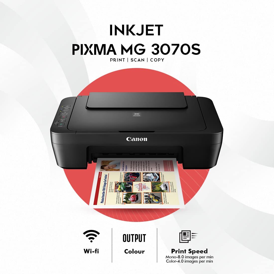 Pixma Mg3070s Printer - Inkjet A4, Print Resolution 4800x600 Dpi, 60 Sheets Input | Wireless Connectivity, Auto Power On, Canon Print App, Pixma Cloud Link