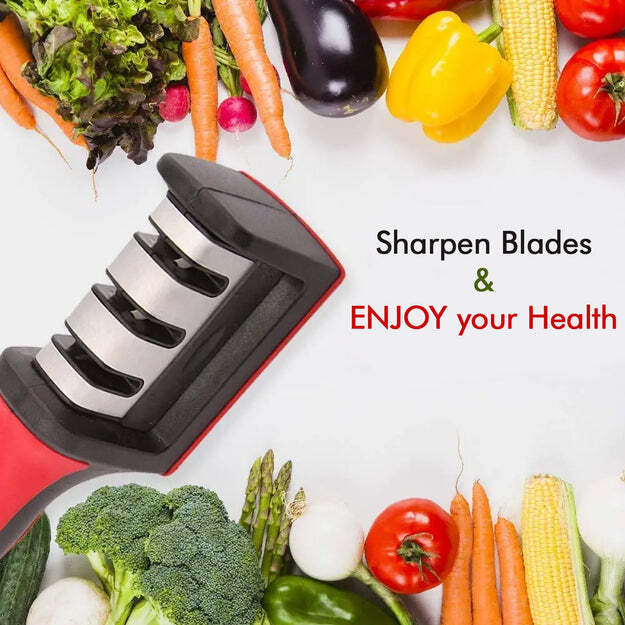 Manual Red Knife Sharpener 3 Stage Sharpening Tool For Ceramic Knife And Steel Knives