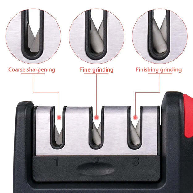 Manual Red Knife Sharpener 3 Stage Sharpening Tool For Ceramic Knife And Steel Knives