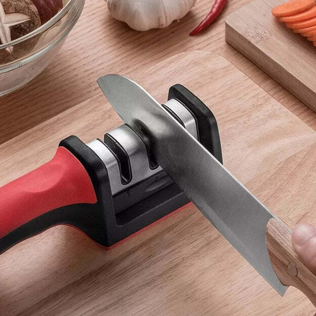 Manual Red Knife Sharpener 3 Stage Sharpening Tool For Ceramic Knife And Steel Knives