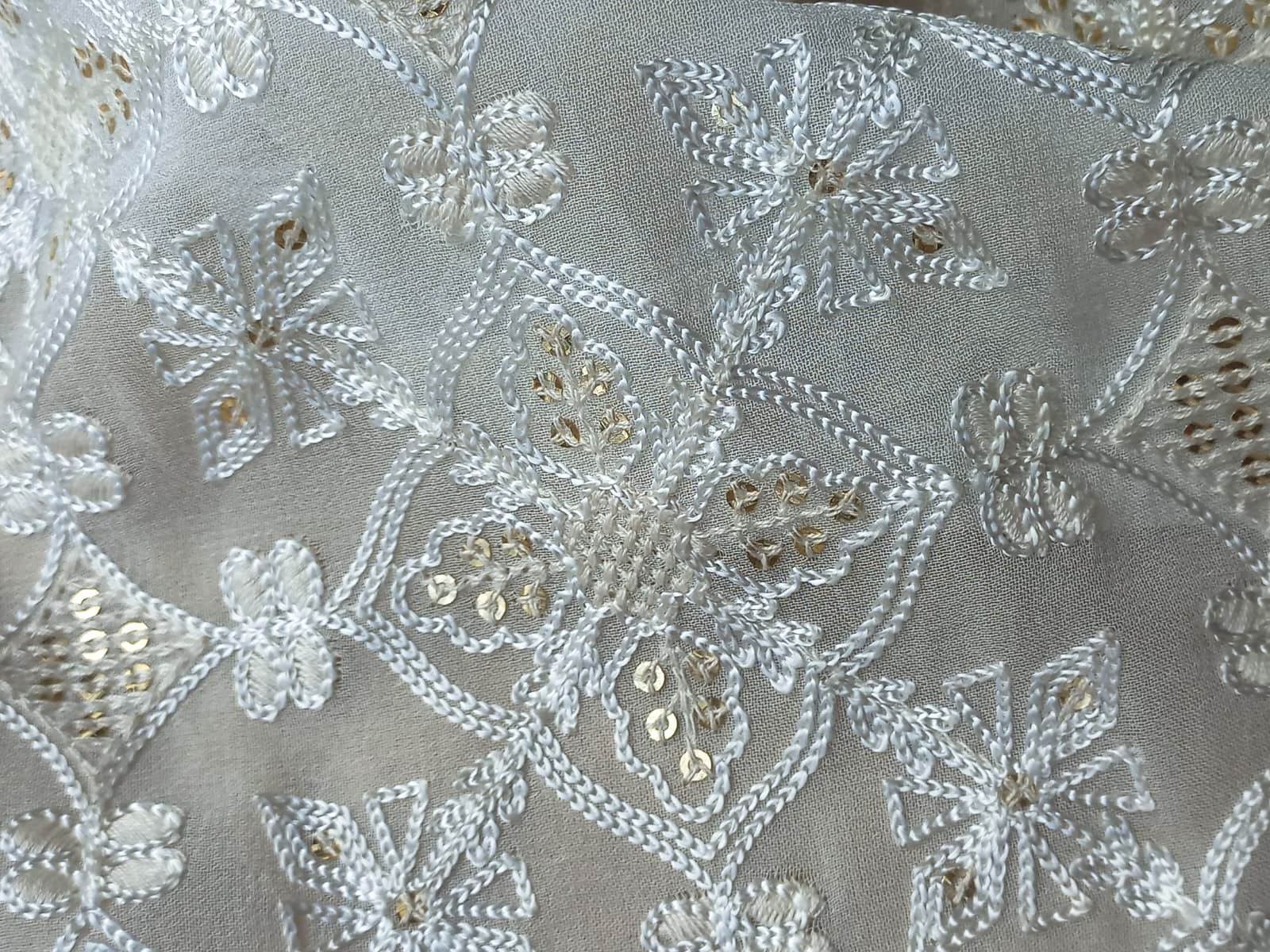 Designer Viscose Thread Chain Stitch Embroidery Fabric - Color: Dyeable