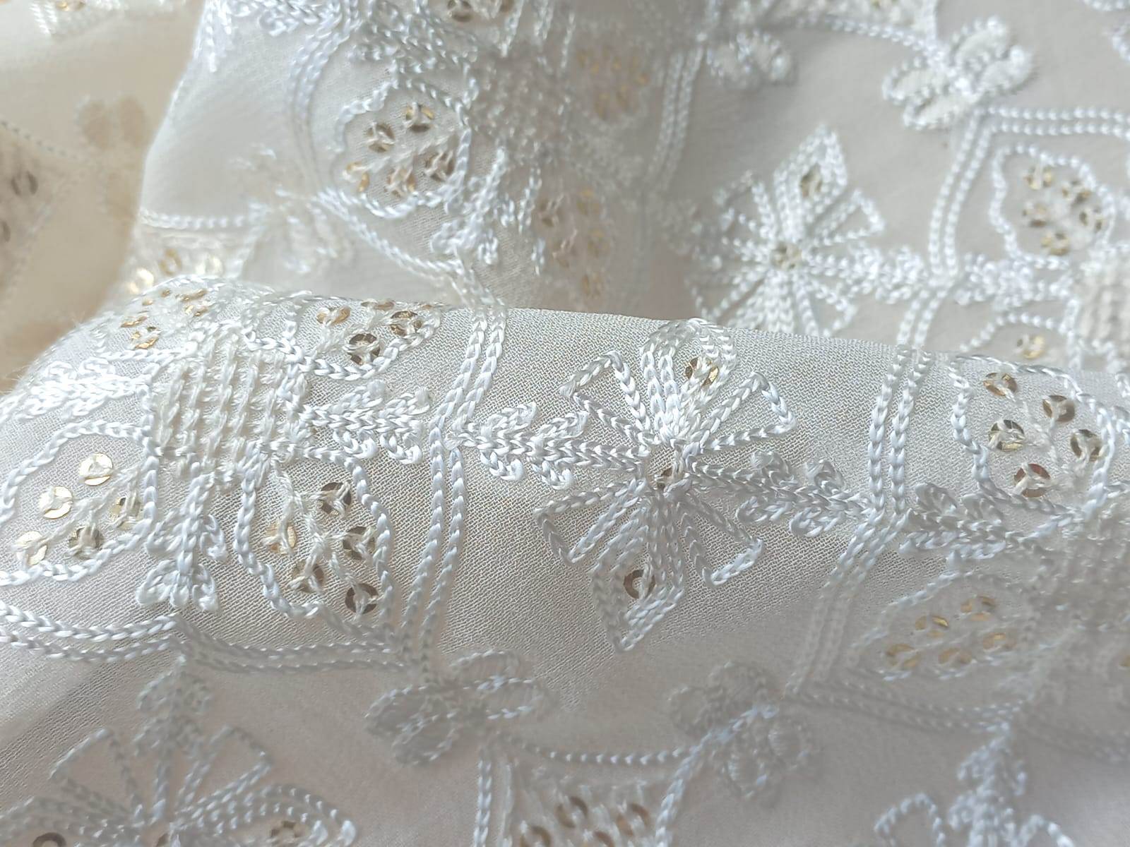 Designer Viscose Thread Chain Stitch Embroidery Fabric - Color: Dyeable