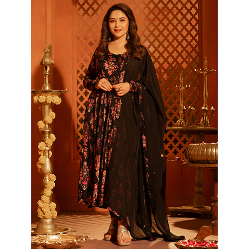 Different Available Black Ethnic Printed Zardozi Anarkali With Churidar And Dupatta