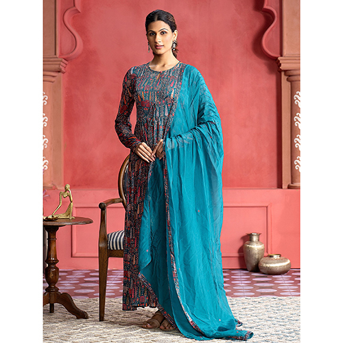 Teal Tribal Printed Flared Kurta With Dupatta