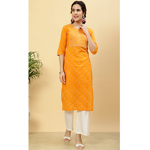 Different Available Orange Bhandhej Mirror Work Cotton Straight Kurta