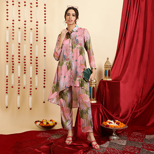 Different Available Pink Green Printed Muslin Shirt With Palazzo Co-Ord Set