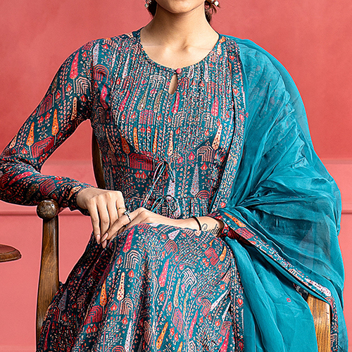 Teal Tribal Printed Flared Kurta With Dupatta