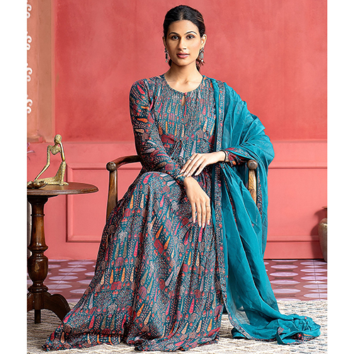 Teal Tribal Printed Flared Kurta With Dupatta