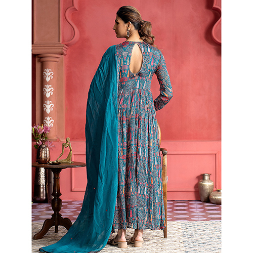 Teal Tribal Printed Flared Kurta With Dupatta