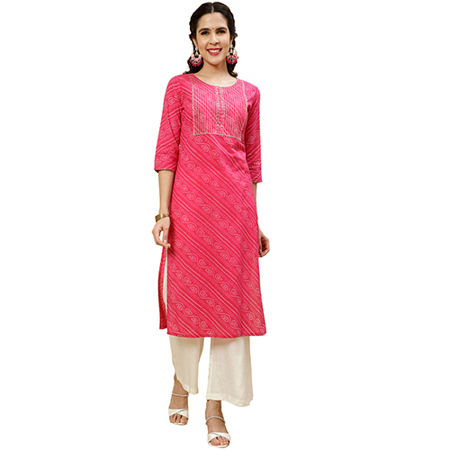 Different Available Fushia Bandhej Mirror Work Straight Cotton Kurta