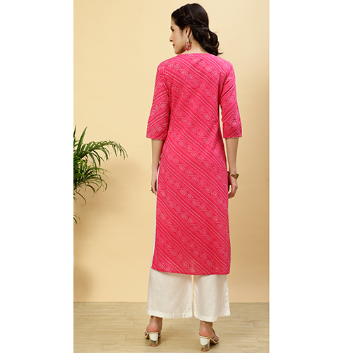 Different Available Fushia Bandhej Mirror Work Straight Cotton Kurta