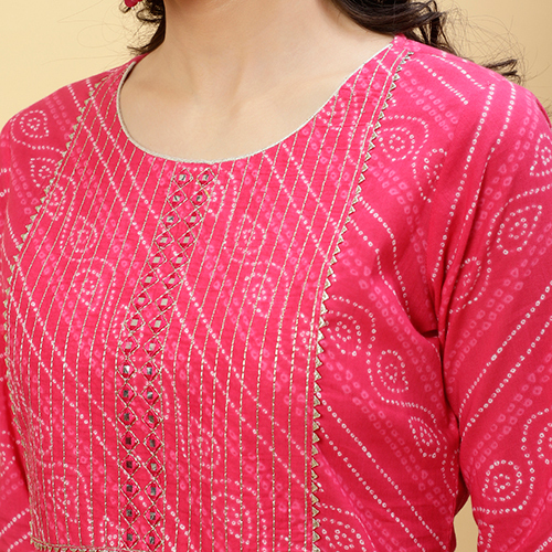 Different Available Fushia Bandhej Mirror Work Straight Cotton Kurta