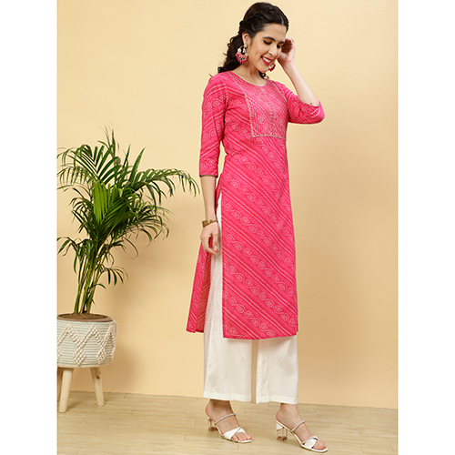 Different Available Fushia Bandhej Mirror Work Straight Cotton Kurta