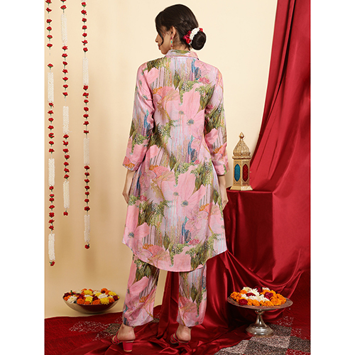 Different Available Pink Green Printed Muslin Shirt With Palazzo Co-ord Set