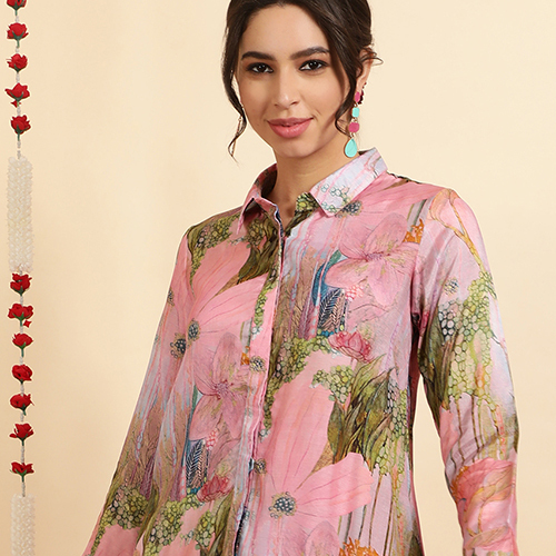 Different Available Pink Green Printed Muslin Shirt With Palazzo Co-ord Set