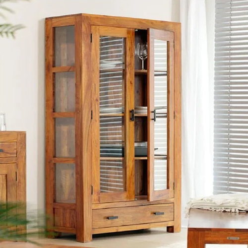 Solid Sheesham Wood Display Glass Cabinet Bookshelf With Double Door By Sunrise International