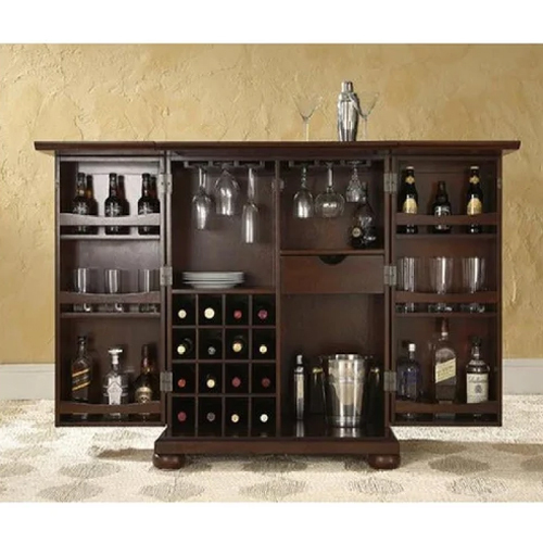 Contemporary Solid Sheesham Wood Folding Bar Cabinet Rack Counter