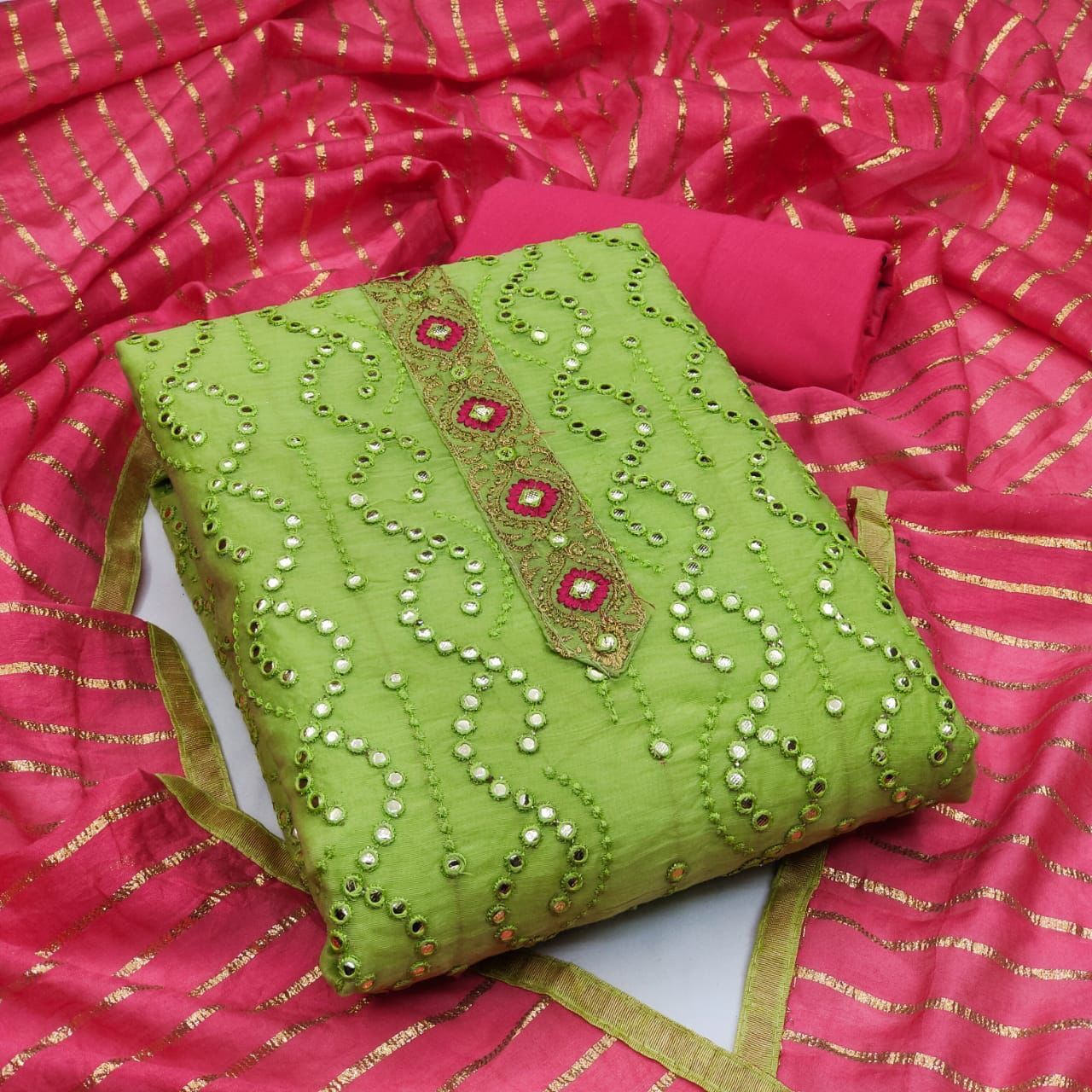 Mirror Work Dressmaterial - Unstitched Suit Fabric In Modal Chanderi & Cotton, 2m Each - Green, Firozi, Yellow, Grey With Embroidered Pattern, Tie-up Neck, Threequarter Sleeves