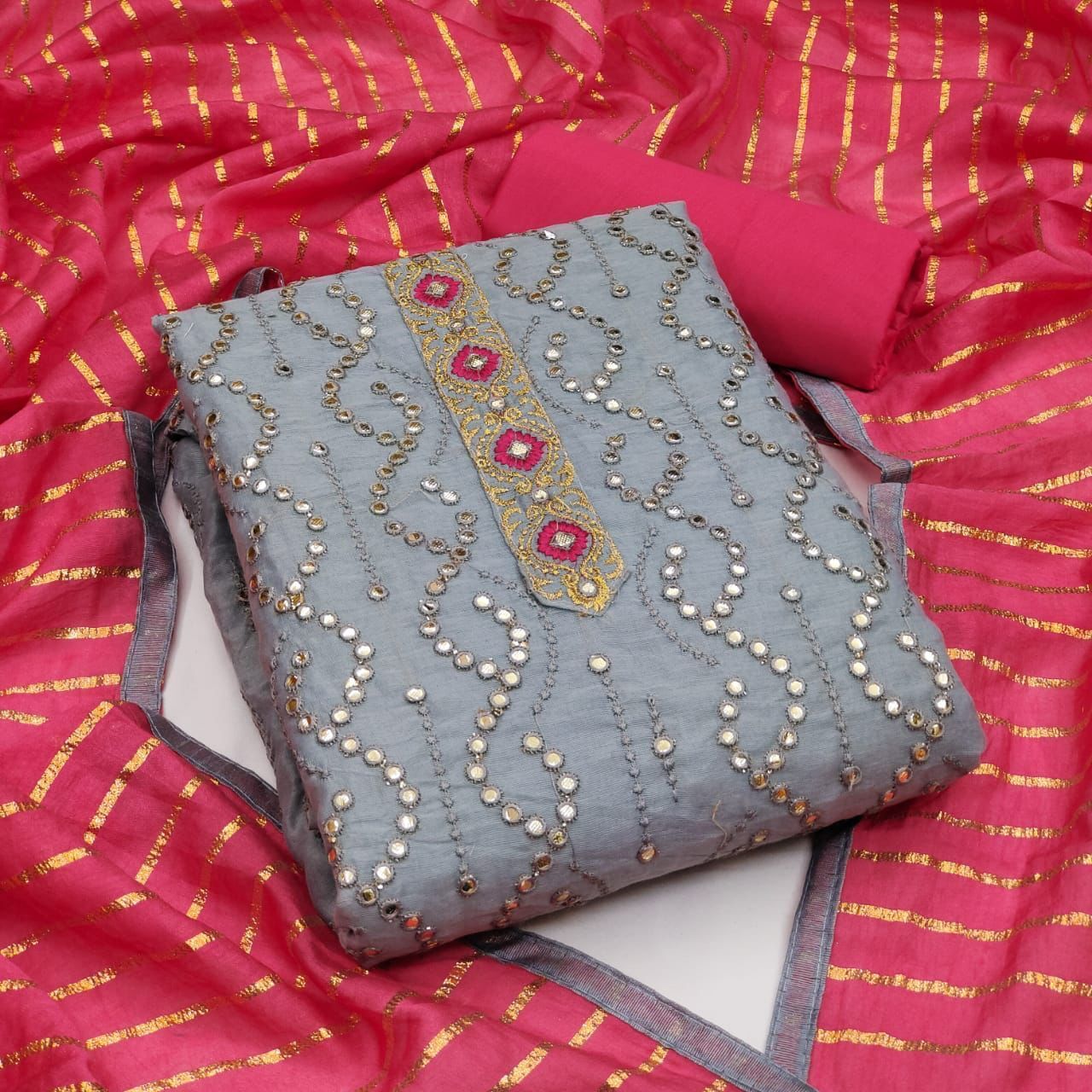 Mirror Work Dressmaterial - Unstitched Suit Fabric In Modal Chanderi & Cotton, 2m Each - Green, Firozi, Yellow, Grey With Embroidered Pattern, Tie-up Neck, Threequarter Sleeves