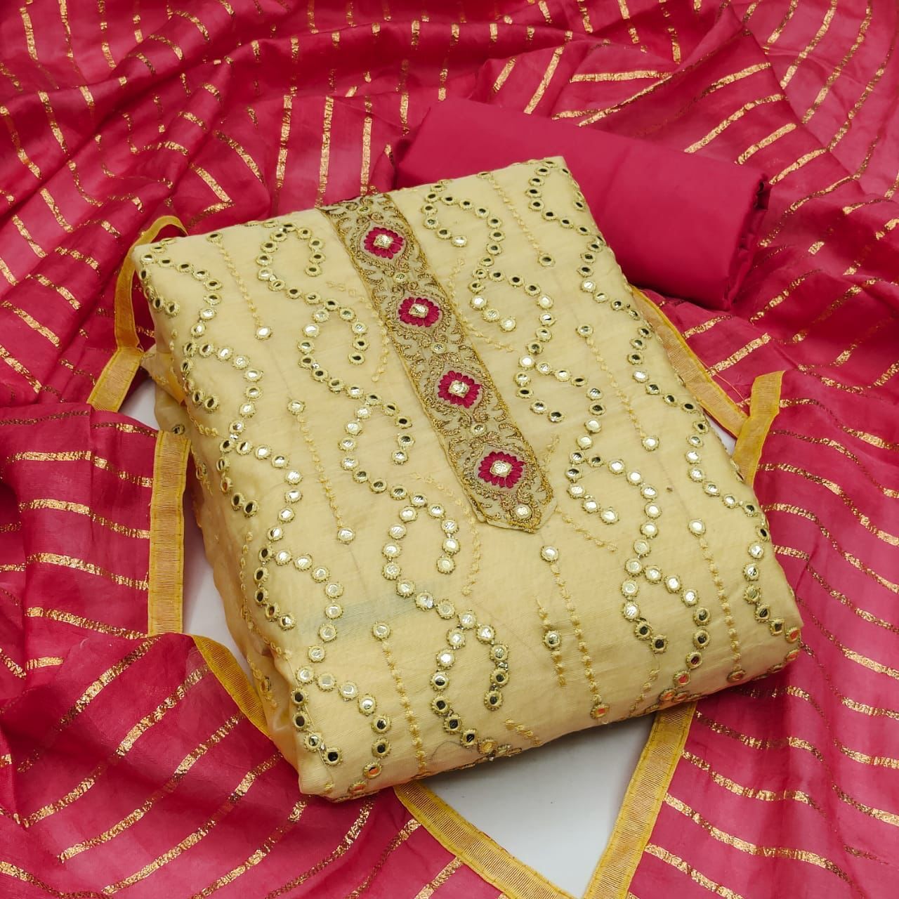 Mirror Work Dressmaterial - Unstitched Suit Fabric In Modal Chanderi & Cotton, 2m Each - Green, Firozi, Yellow, Grey With Embroidered Pattern, Tie-up Neck, Threequarter Sleeves