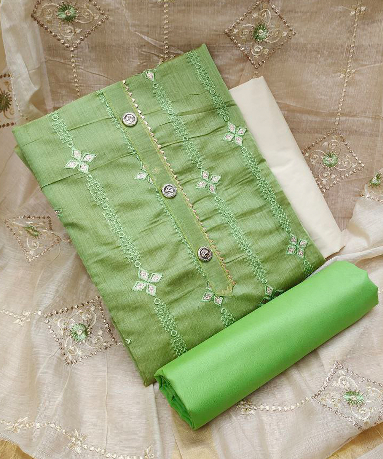 Embroidery Work Dress Material - Unstitched Cotton Inner, 2mtr Modal Chandery Suit With Organza Dupatta, Firozi, Yellow, Green, Peach Colors, Threequarter Sleeve, Casual Wear