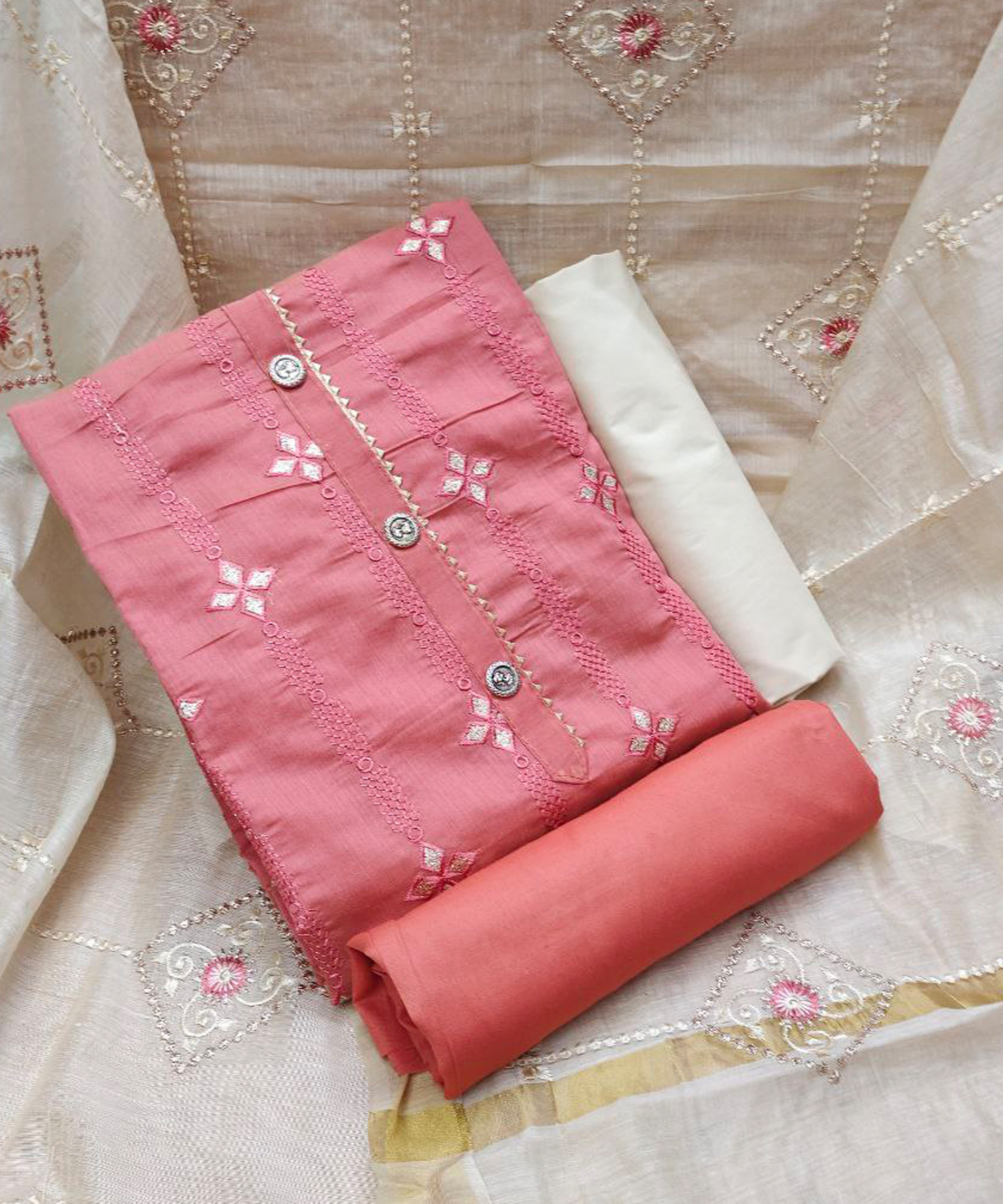Embroidery Work Dress Material - Unstitched Cotton Inner, 2mtr Modal Chandery Suit With Organza Dupatta, Firozi, Yellow, Green, Peach Colors, Threequarter Sleeve, Casual Wear