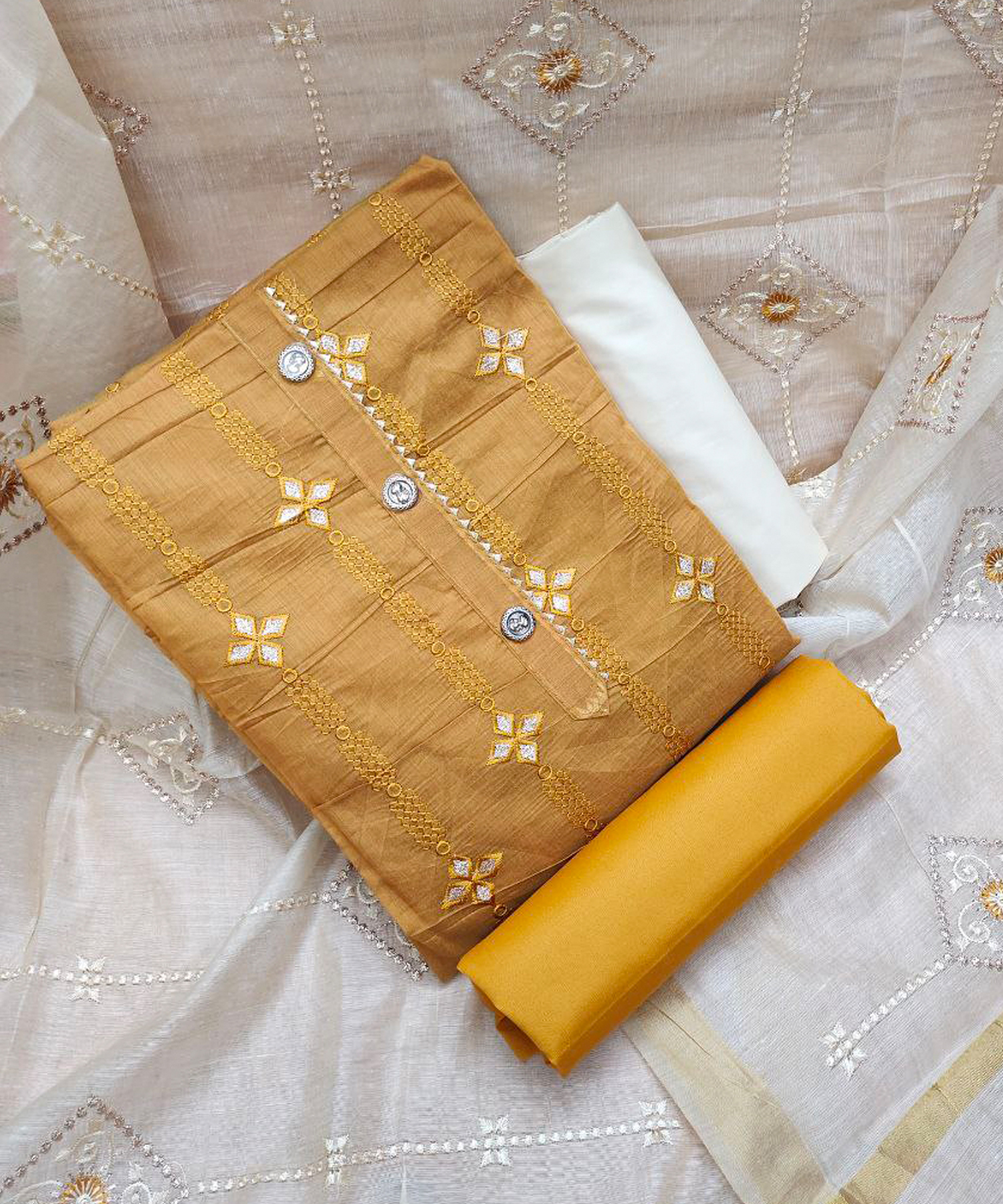 Embroidery Work Dress Material - Unstitched Cotton Inner, 2mtr Modal Chandery Suit With Organza Dupatta, Firozi, Yellow, Green, Peach Colors, Threequarter Sleeve, Casual Wear