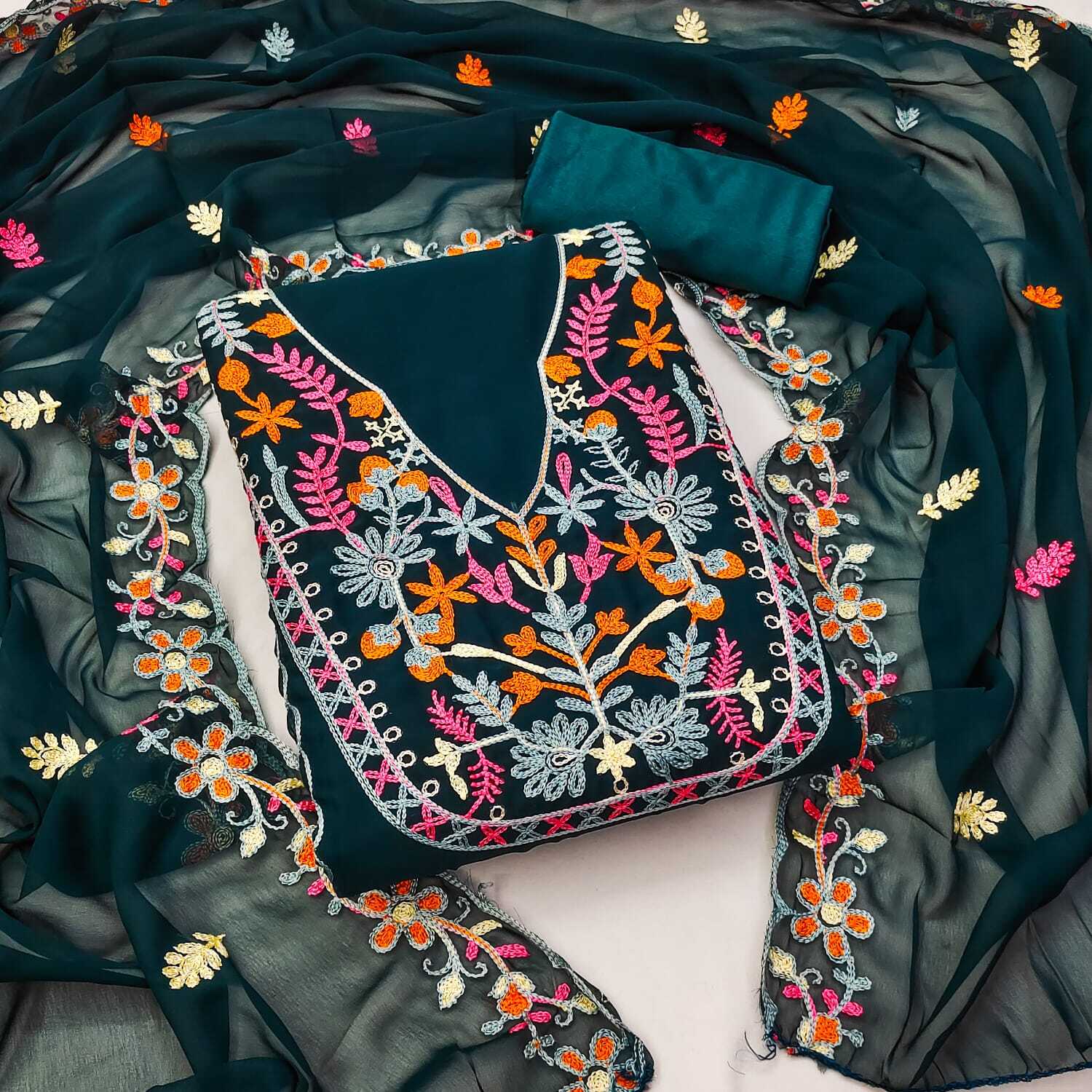 New Embroidery Work Dressmaterial - Unstitched Georgette Suit & Dress Material, 2mtr Black/firozi/grey/pink/purple With Embroidered Design