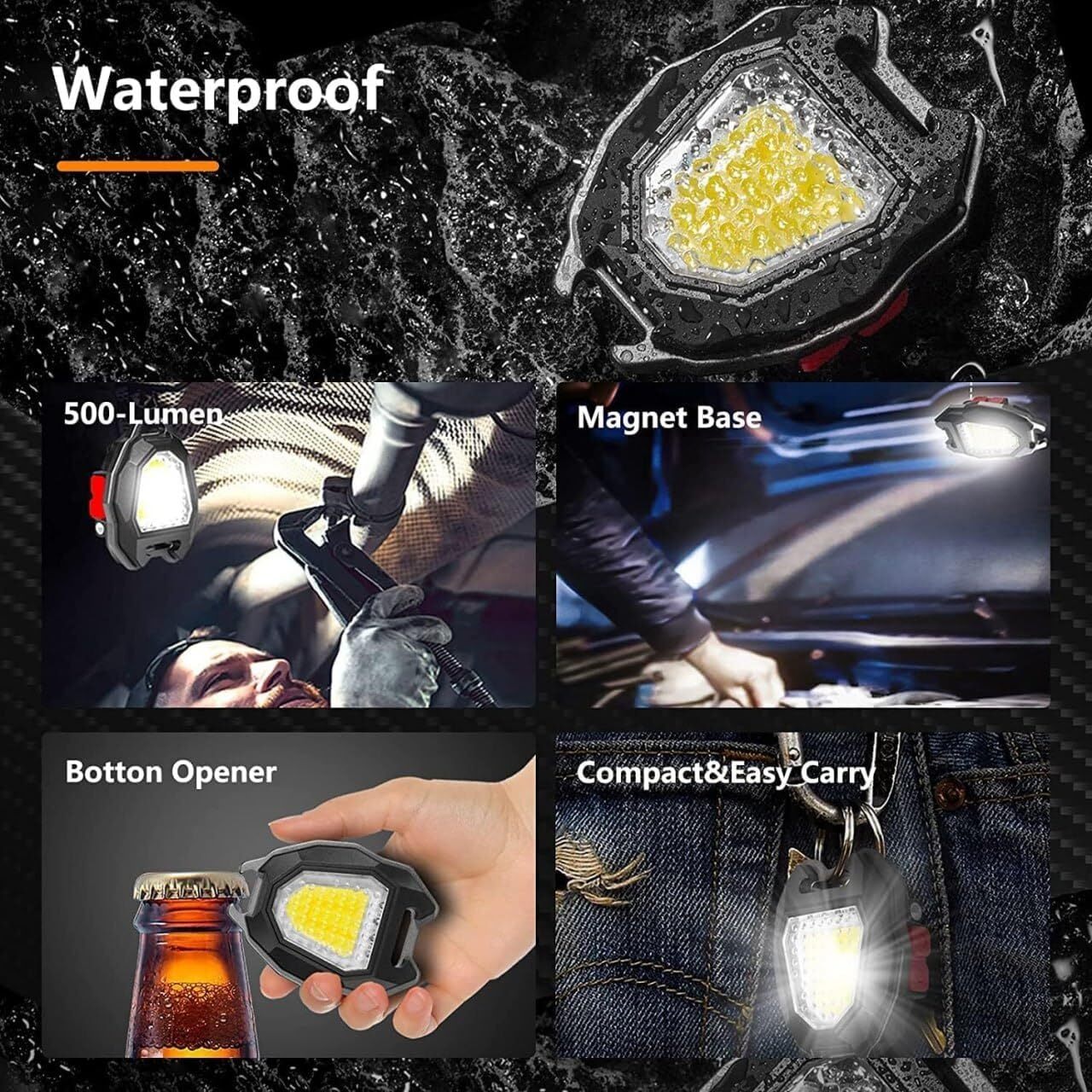 Keychain Light - Magnesium Aluminum, 800 Lumens Cob Light, Black | Multi-functional With Lighter, Whistles, Screwdriver, Bottle Opener, Magnet Base