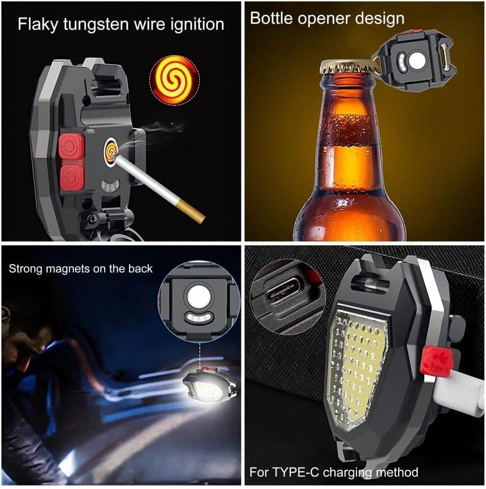 Keychain Light - Magnesium Aluminum, 800 Lumens Cob Light, Black | Multi-functional With Lighter, Whistles, Screwdriver, Bottle Opener, Magnet Base