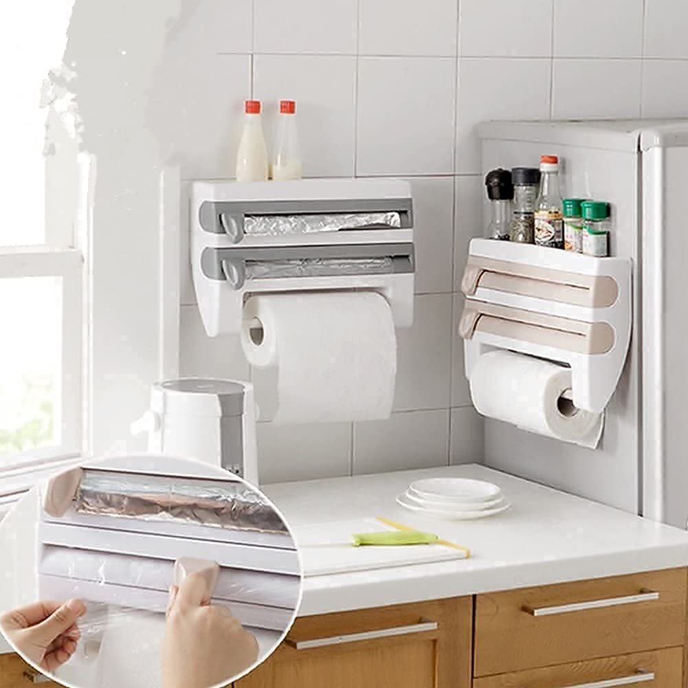4 In 1 Paper Dispenser - Pvc, 50 Grams | White, Ergonomic Design, Wall-mounted Holder For Paper Towel, Foil, Cling Film & Spice Rack