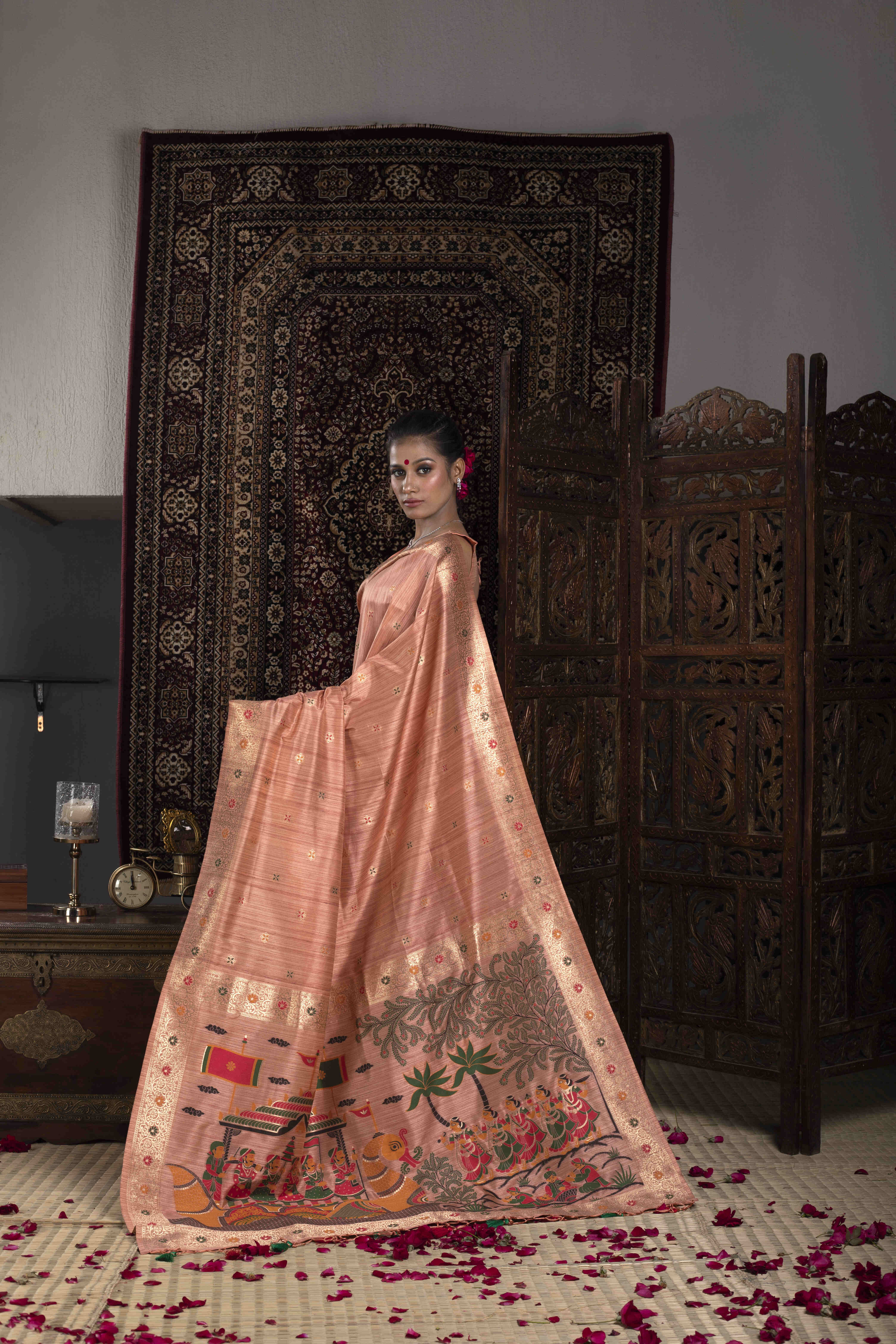 A Symmetry Of Art And Music Paithani Raw Silk Peach Saree