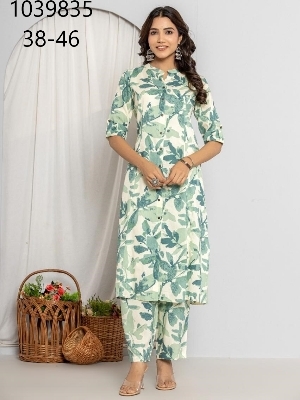 Women Kurti - Cotton, Sizes 38-46, Green Floral Print, Knee-Length, Opaque, Half Sleeves, Collared Neck - Comfortable & Stylish Casual Wear for Summer