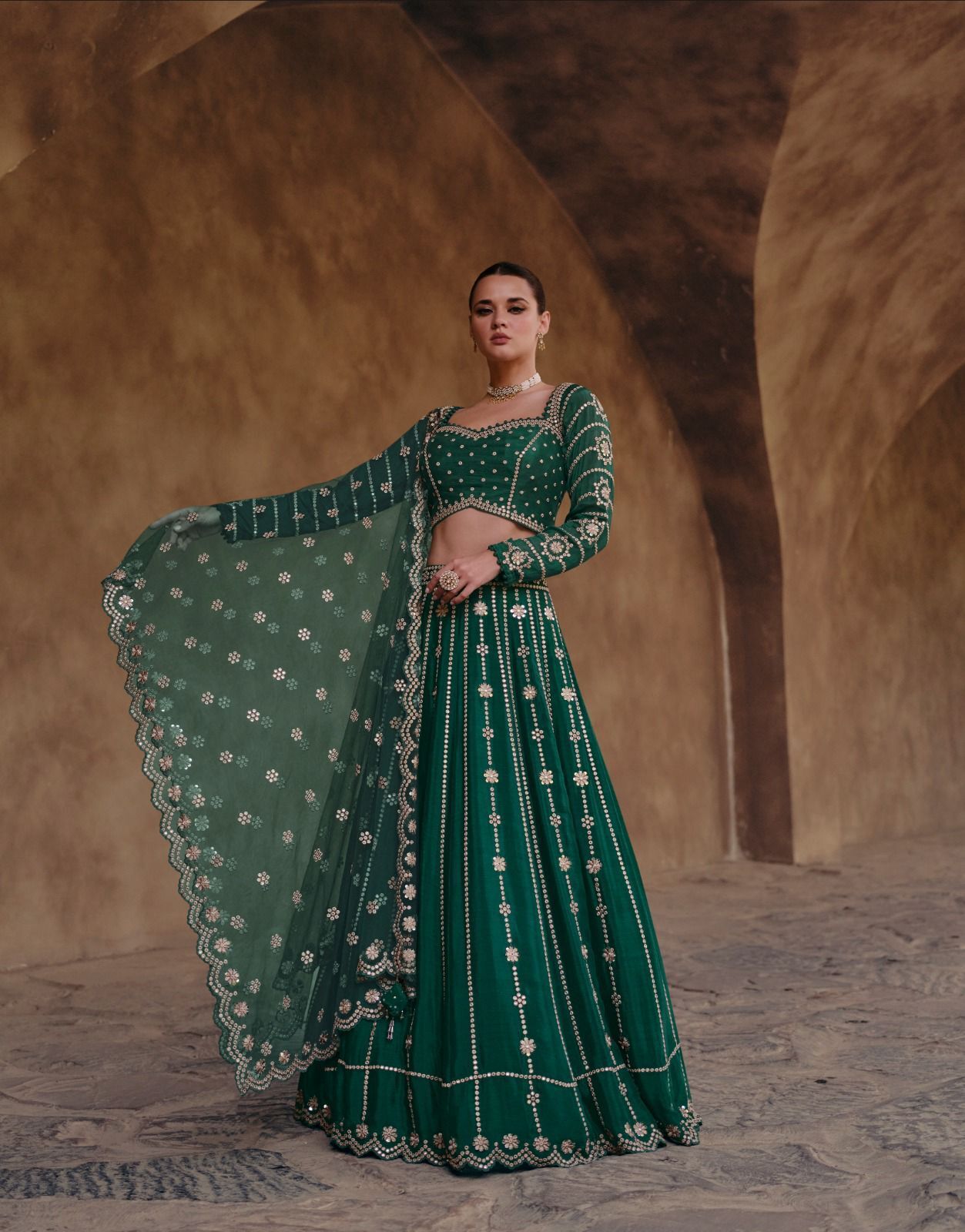 Lehenga Choli - Real Chinon Silk, Adjustable Sizes, Purple Gold Green, Opaque With Embroidered Decoration, Elegant Traditional Wear For Festive Occasions