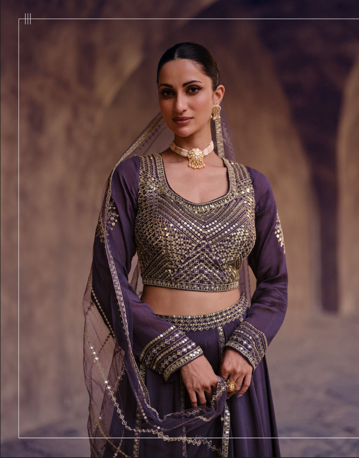Lehenga Choli - Real Chinon Silk, Adjustable Sizes, Purple Gold Green, Opaque With Embroidered Decoration, Elegant Traditional Wear For Festive Occasions