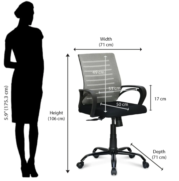 Nilkamal Giza Mid Back Office Chair - Fabric Upholstery, 1060mm Height, Black Color | Ergonomic Support, Tilt Mechanism, Smooth Gliding Wheels, 12 Month Warranty