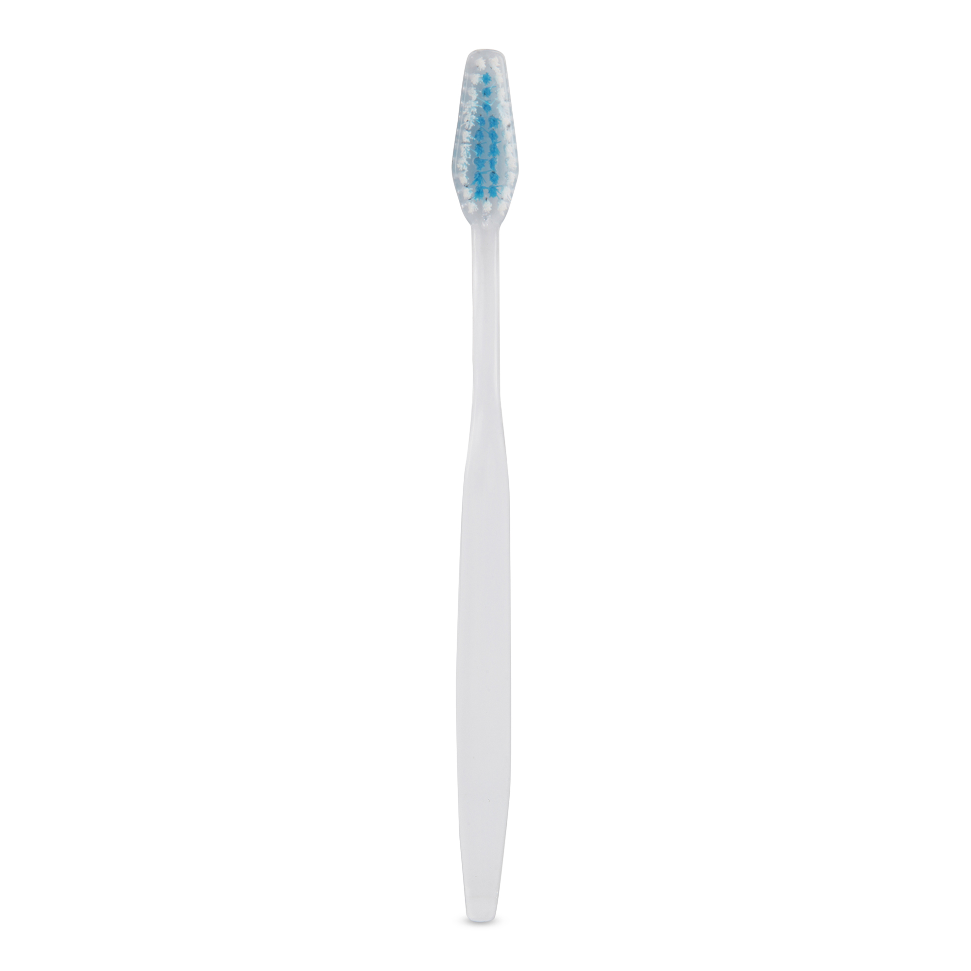 Hotel Plastic Toothbrush - Transparent Straight Handle, Medium Hard Nylon Bristles, Blue Bristle Color, White Stick Material, Solid Form, For Adults