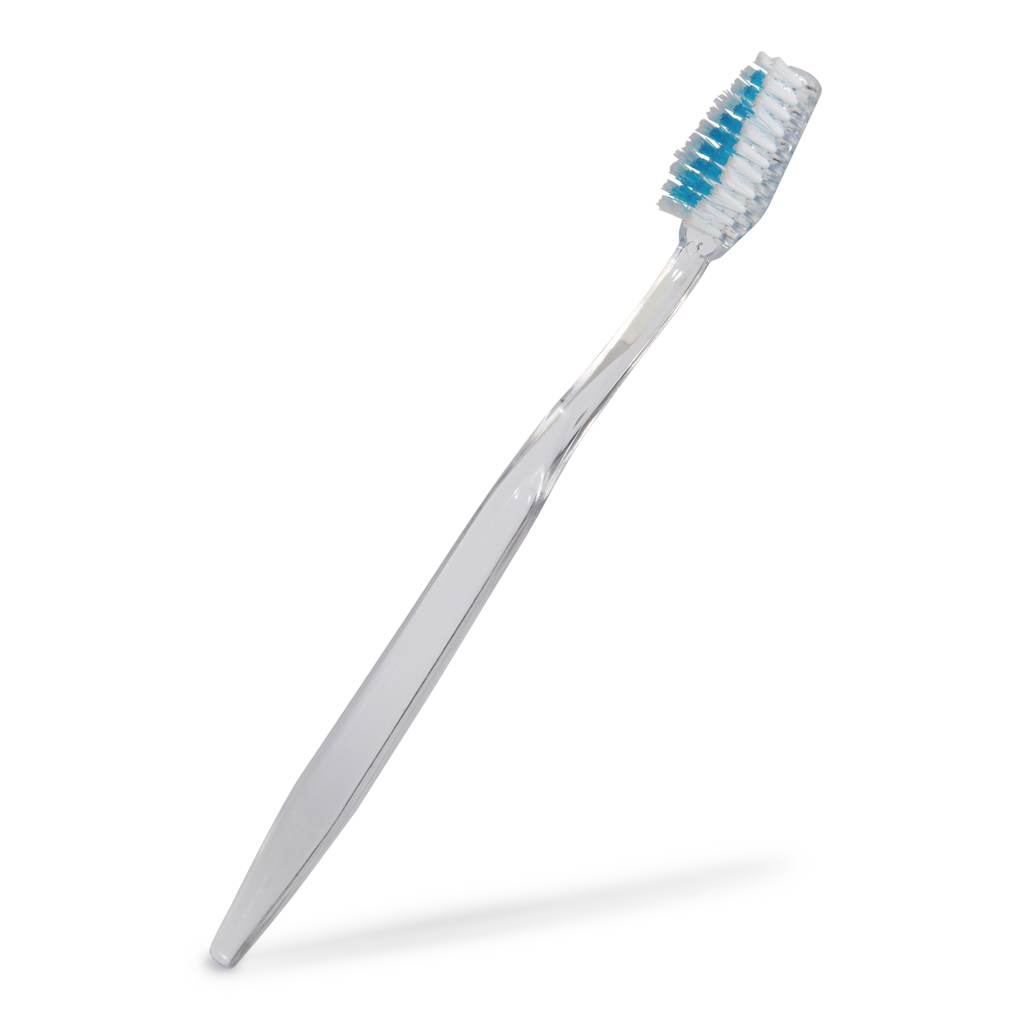 Hotel Plastic Toothbrush - Transparent Straight Handle, Medium Hard Nylon Bristles, Blue Bristle Color, White Stick Material, Solid Form, For Adults
