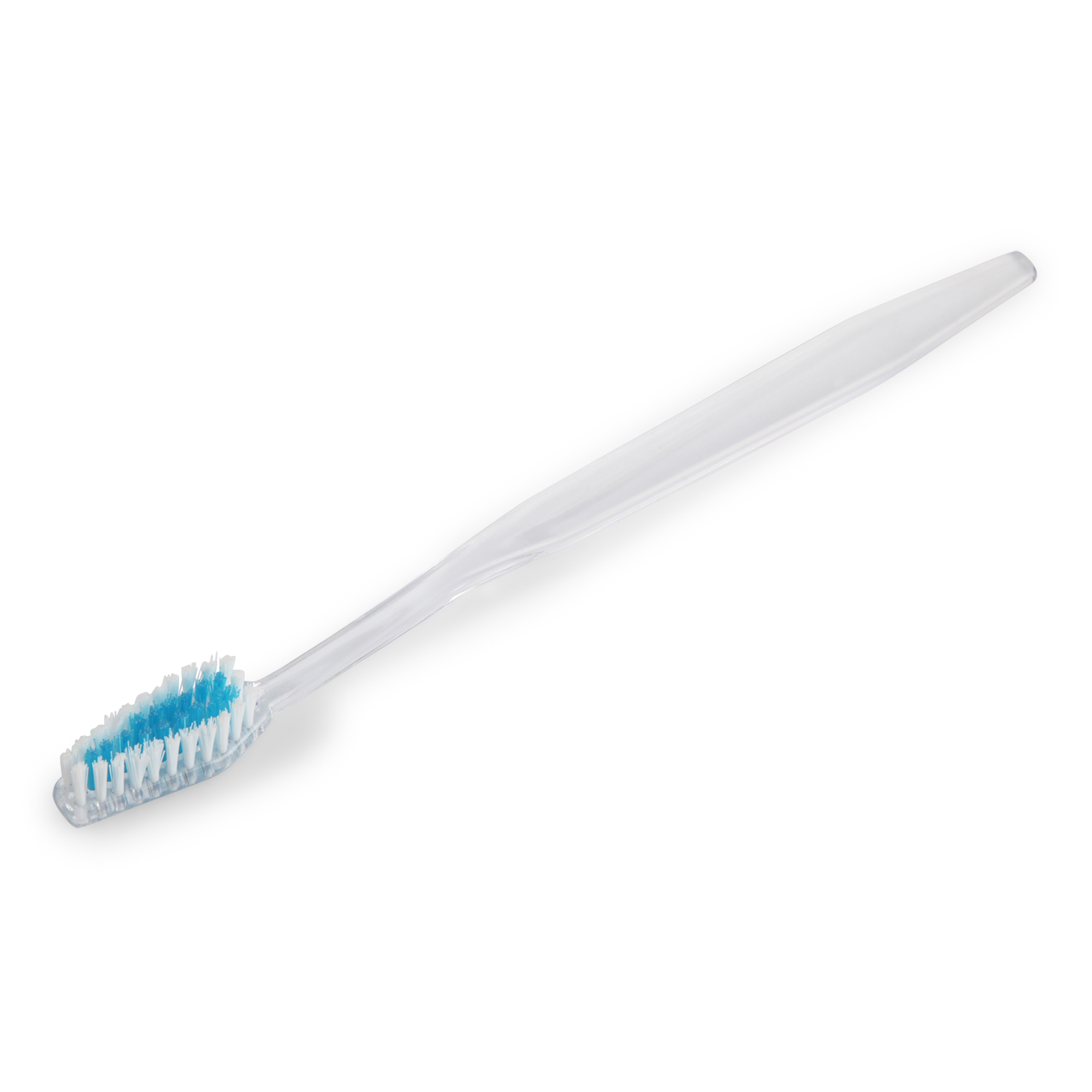 Hotel Plastic Toothbrush - Transparent Straight Handle, Medium Hard Nylon Bristles, Blue Bristle Color, White Stick Material, Solid Form, For Adults
