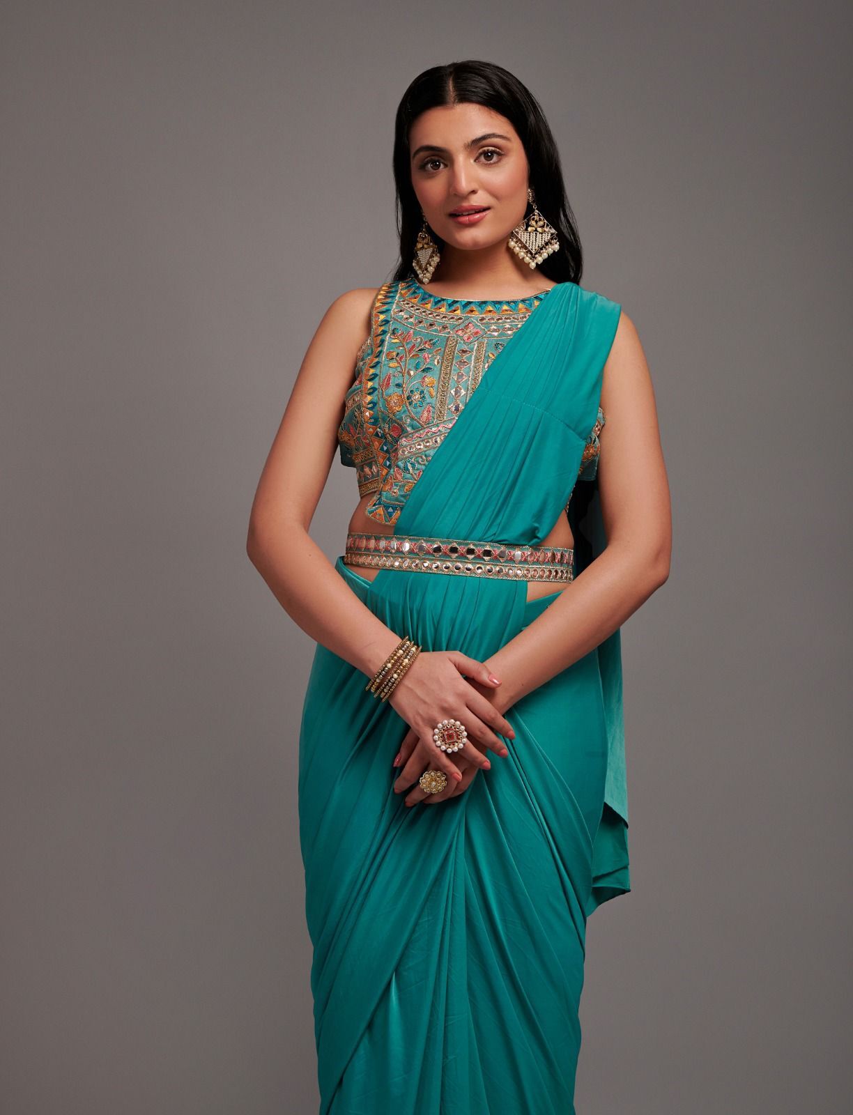 Ready To Wear Saree With Embroidered Blouse - Color: Mustard