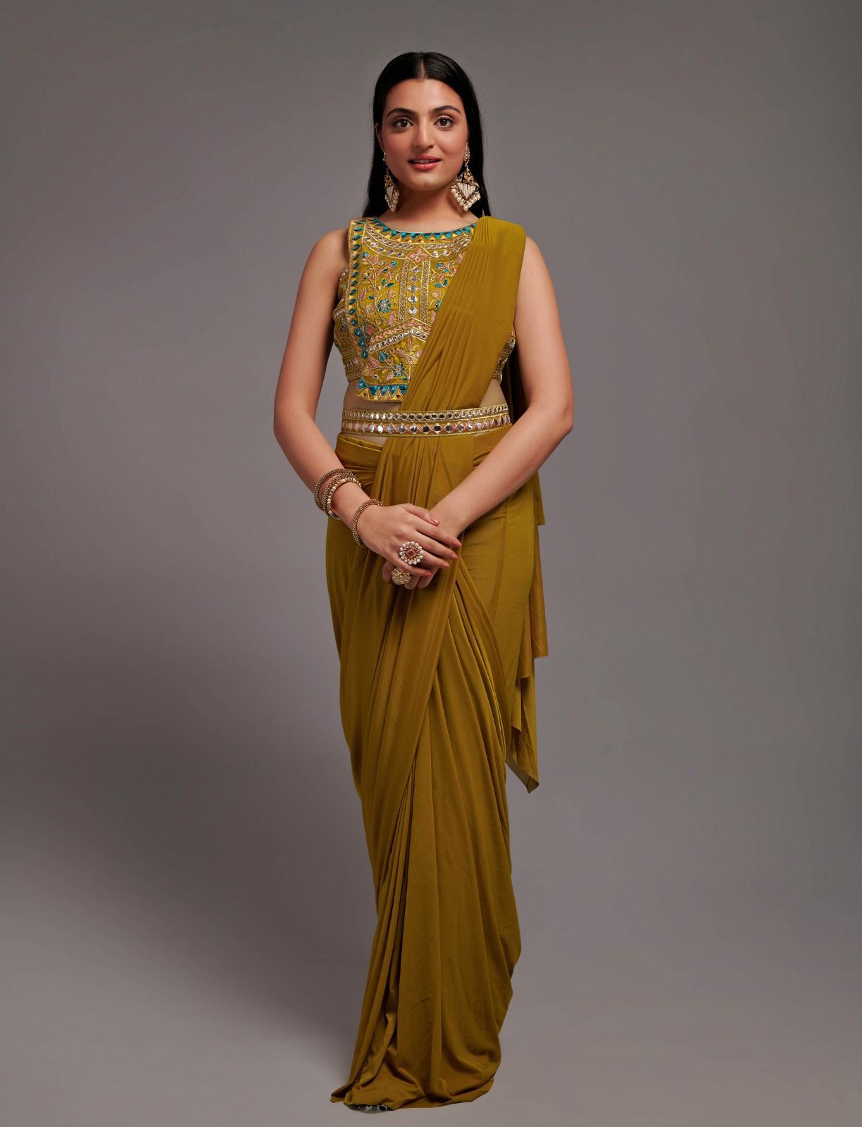 Ready To Wear Saree With Embroidered Blouse - Color: Mustard