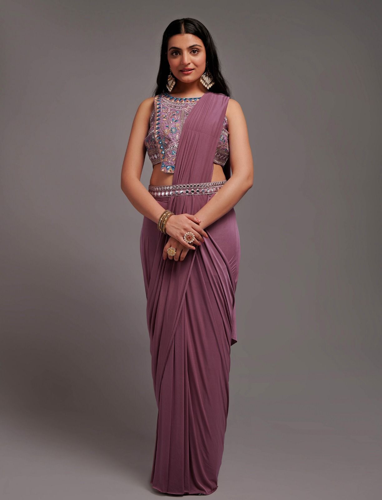 Ready To Wear Saree With Embroidered Blouse - Color: Mustard