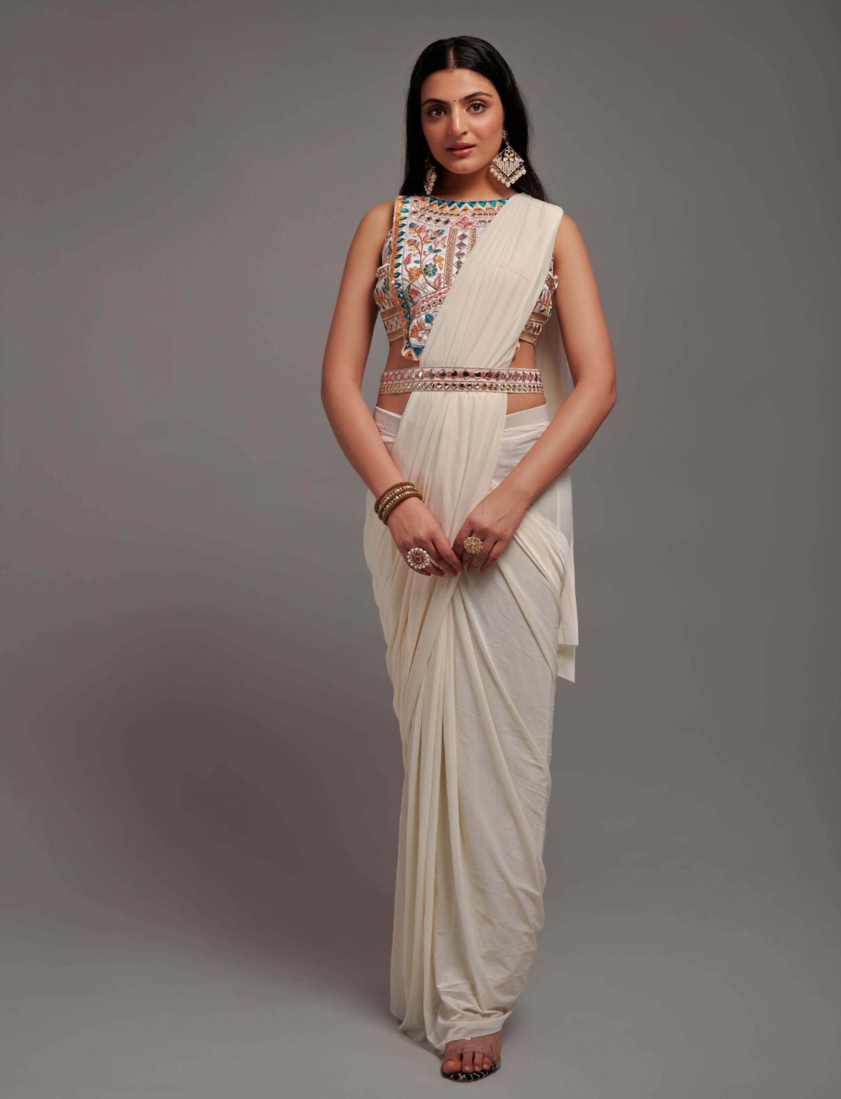 Ready To Wear Saree With Embroidered Blouse - Color: Mustard