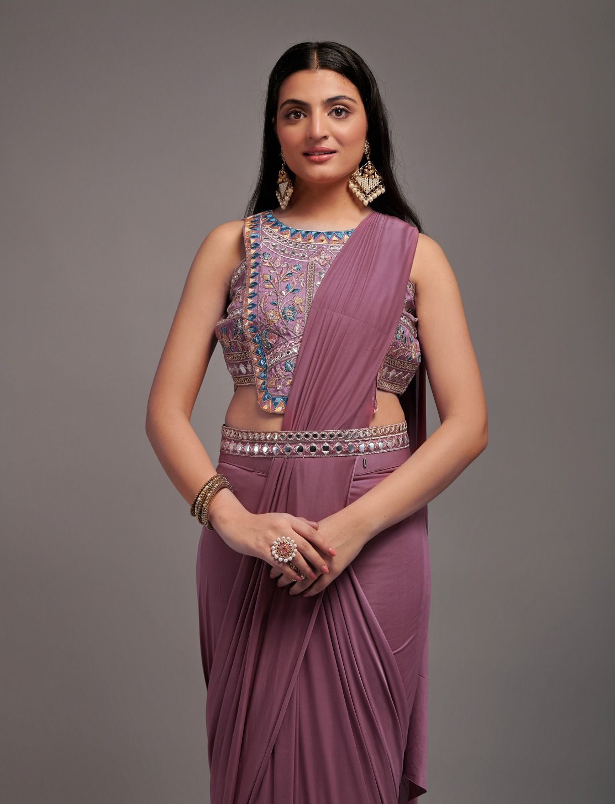 Ready To Wear Saree With Embroidered Blouse - Color: Mustard