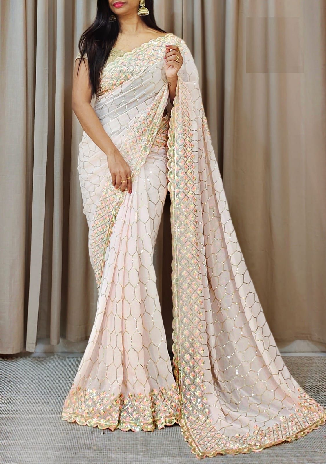 Georgette Sequins Saree - Color: Off-white With Gold Accents