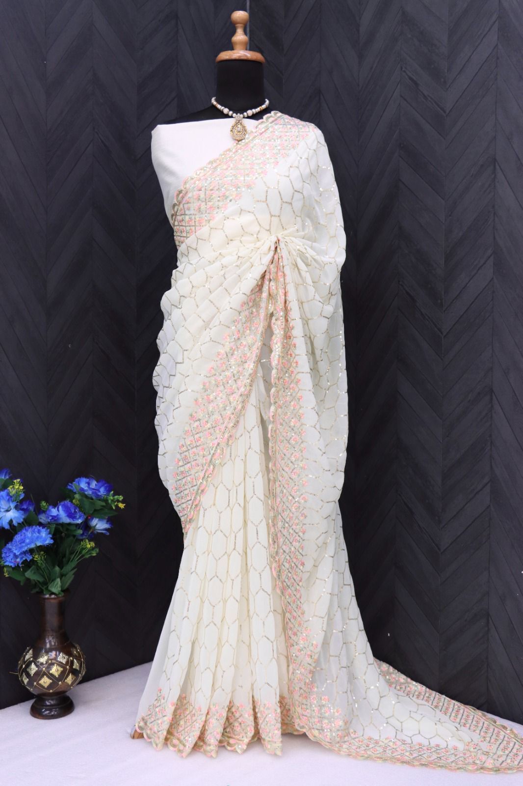 Georgette Sequins Saree - Color: Off-white With Gold Accents