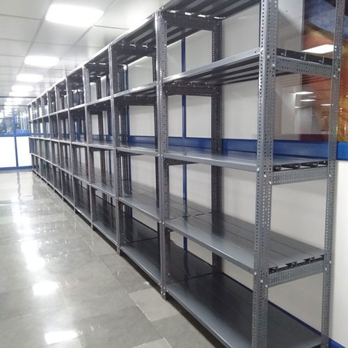 Slotted Angle Rack - Mild Steel, Custom Sizes Available, Dark Grey, Double Sided Shelves, 5 Layers, 50 Kg/hr Capacity, Powder Coated Surface | Ideal For Industrial Storage, Godowns, And Shops