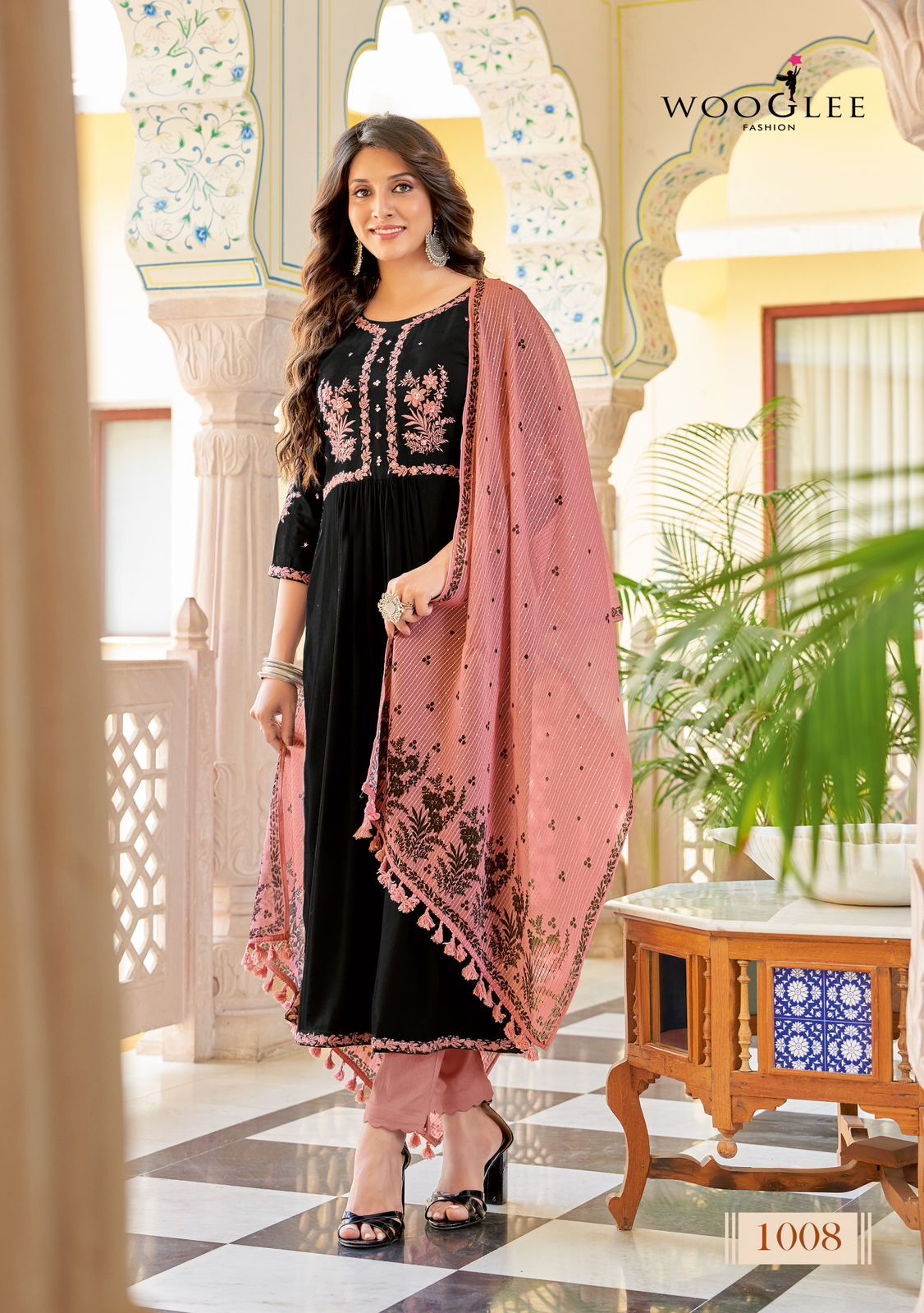 Designer Kurti Dress - Heavy Rayon Top, Cotton Lycra Bottom, Georgette Digital Dupatta | Pink, Handwork & Embroidery, Long Sleeve, Traditional Ethnic Wear, Dry Clean & Washable For Summer